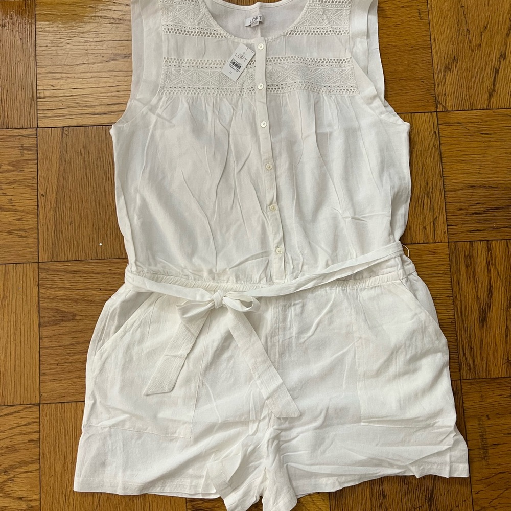 LOFT White Sleeveless Romper with Tie Waist